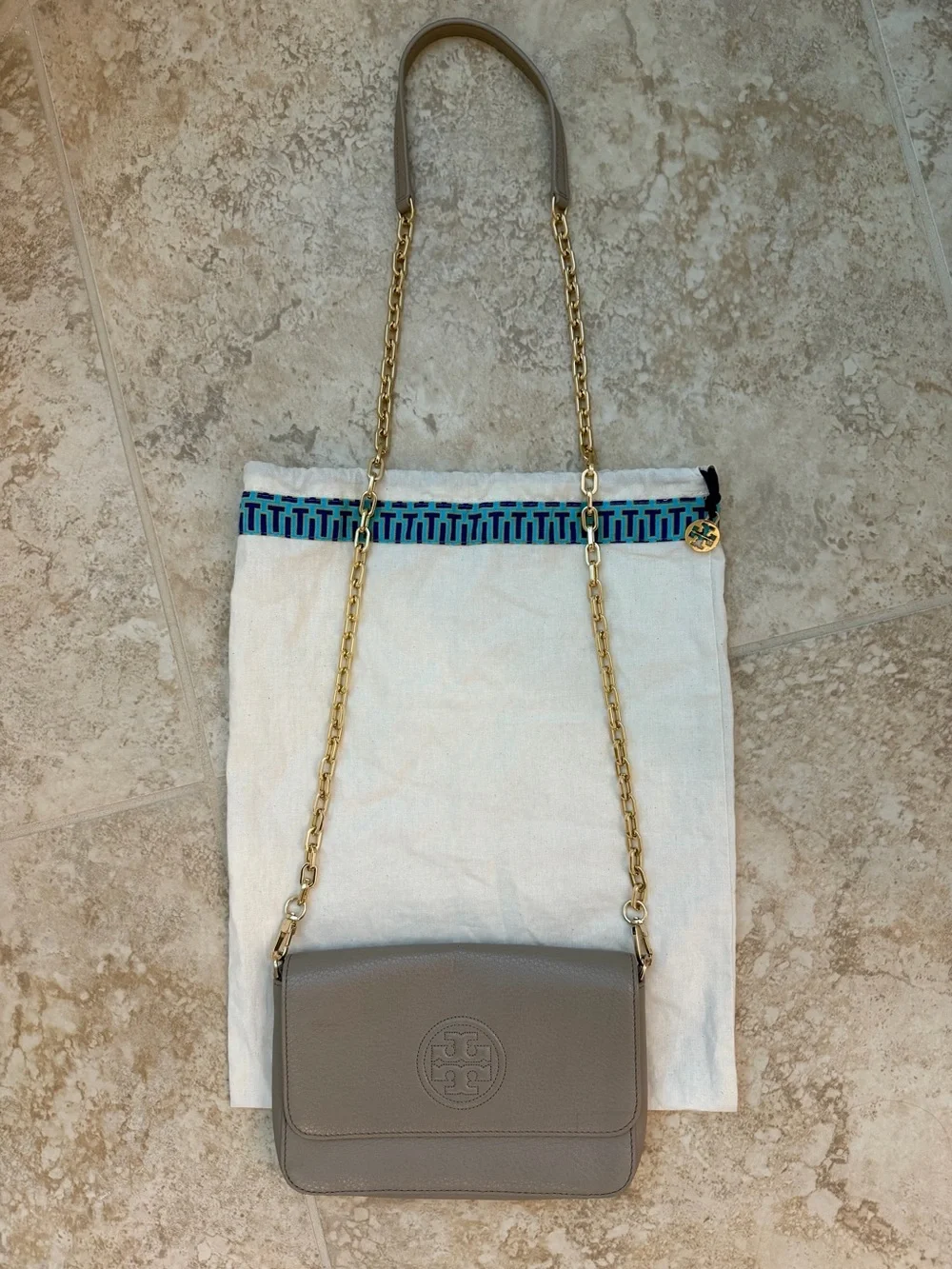 Tory Burch Amanda Gray Leather Logo Crossbody Chain Bag